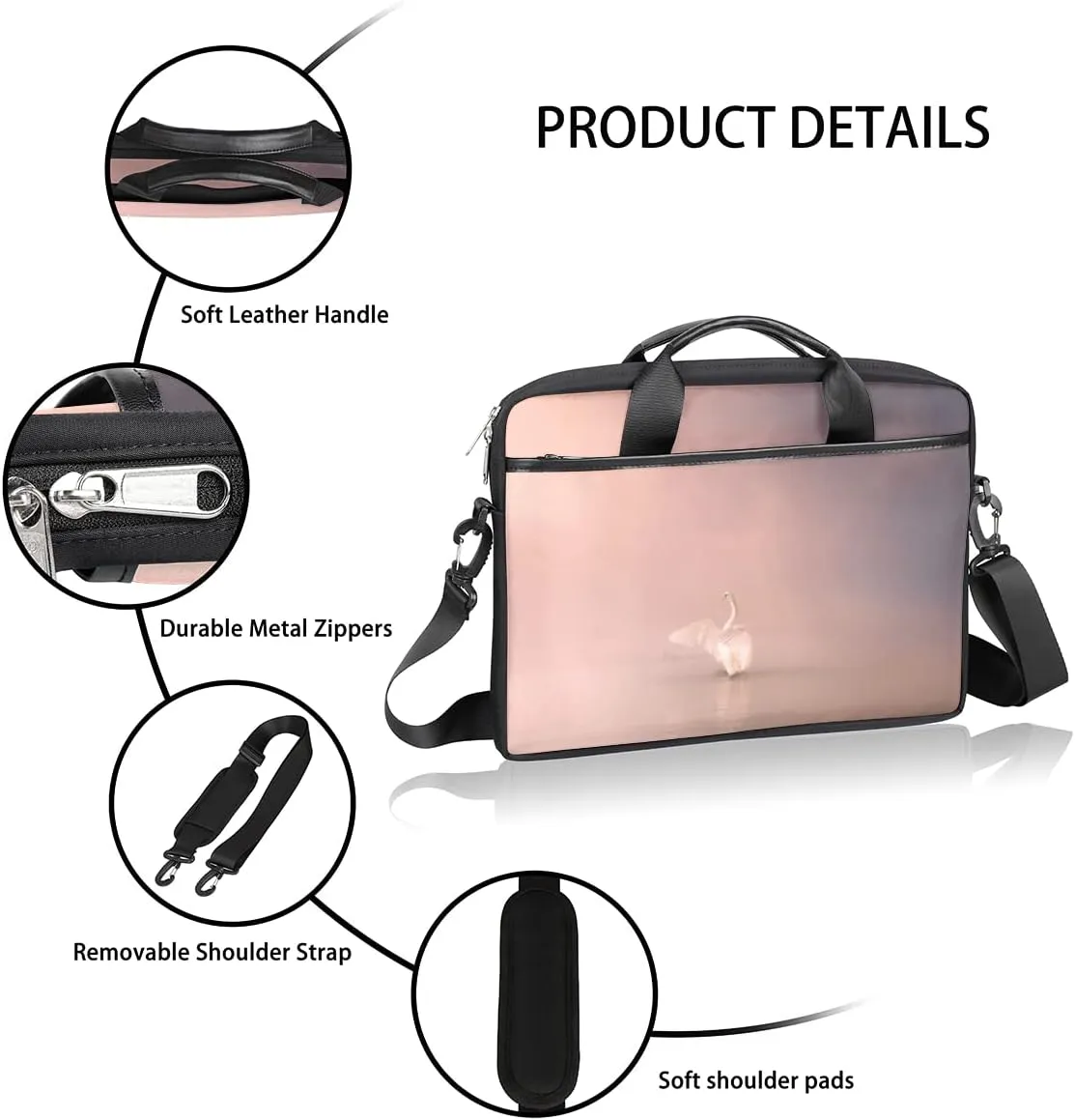 Elegant Swan Water Powder Laptop Shoulder Messenger Bag Waterproof Laptop Briefcase with Handle and Padded Strap Case Sleeve