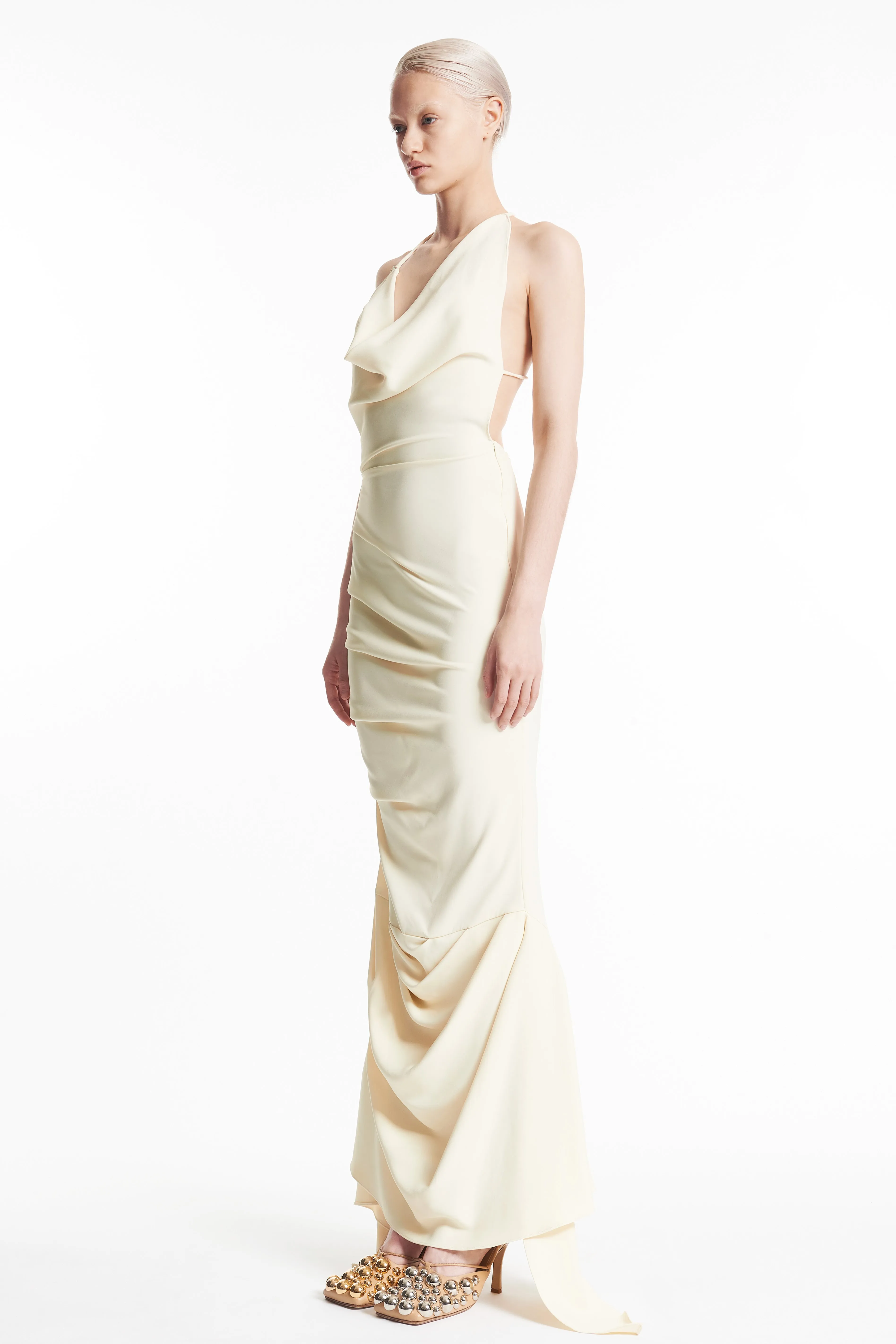 Fitted Asymmetric Draped Dress Ivory