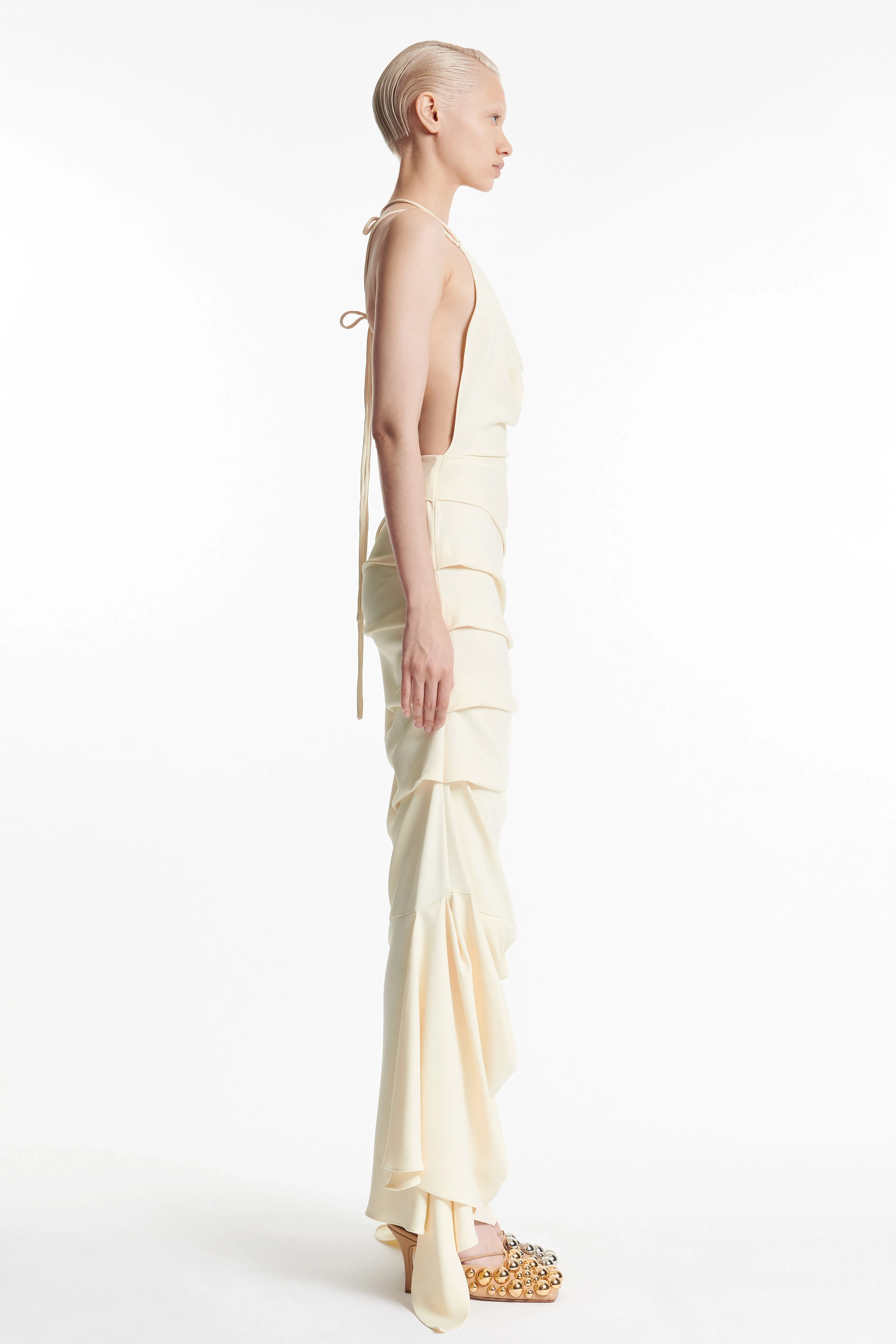 Fitted Asymmetric Draped Dress Ivory