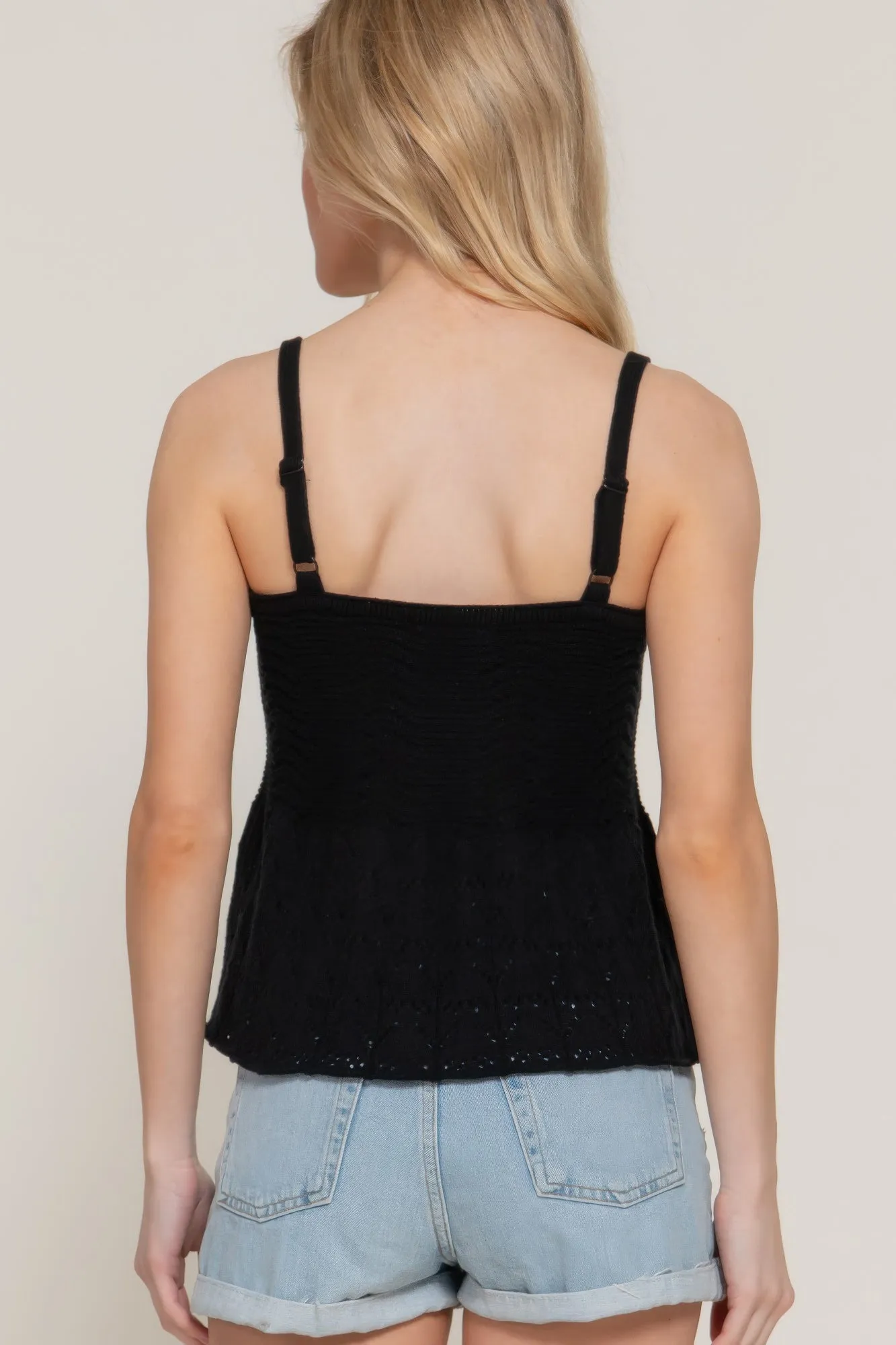 Flower Trim Detail Pointelle Spring Sweater Tank Top