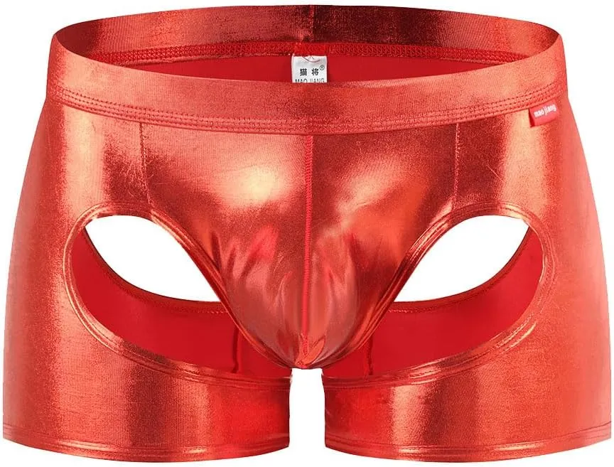 Gogobear Men's Shiny Metallic Boxer Briefs Sexy Breathable Hollow Out Bulge Pouch Bikini Underwear
