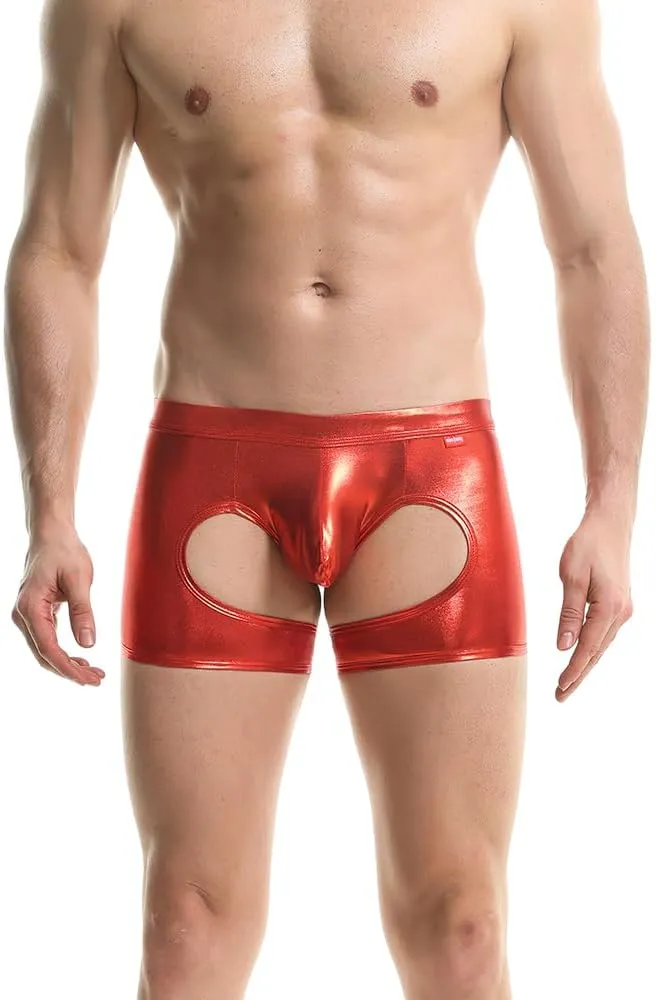 Gogobear Men's Shiny Metallic Boxer Briefs Sexy Breathable Hollow Out Bulge Pouch Bikini Underwear