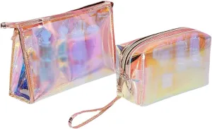 GSHLLO 2 Pcs Holographic Makeup Bags Iridescent Toiletry Pouch Waterproof Cosmetic Organizer Pouches Colorful Laser Wash Bag Zipper Plastic Shampoo Bags Clear Travel Bathroom Pouch Case