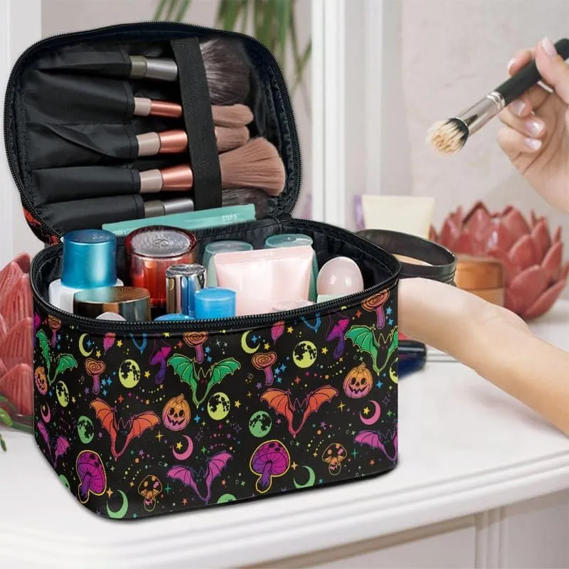 Halloween Bell Makeup Bag Cosmetic Bag 2-in-1, Colorful Pumpkin Mushroom Moon Star Multifunctional Toiletry Bottles Portable Traveling Tote