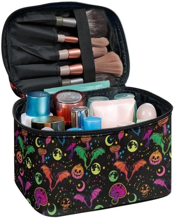 Halloween Bell Makeup Bag Cosmetic Bag 2-in-1, Colorful Pumpkin Mushroom Moon Star Multifunctional Toiletry Bottles Portable Traveling Tote