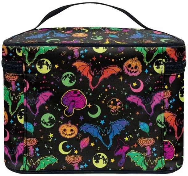 Halloween Bell Makeup Bag Cosmetic Bag 2-in-1, Colorful Pumpkin Mushroom Moon Star Multifunctional Toiletry Bottles Portable Traveling Tote