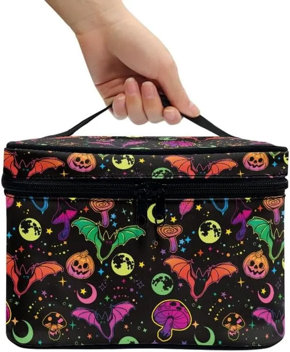 Halloween Bell Makeup Bag Cosmetic Bag 2-in-1, Colorful Pumpkin Mushroom Moon Star Multifunctional Toiletry Bottles Portable Traveling Tote