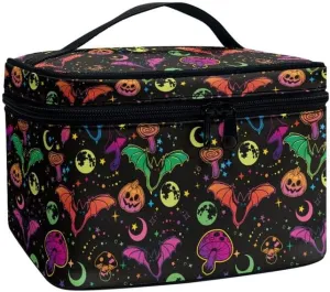 Halloween Bell Makeup Bag Cosmetic Bag 2-in-1, Colorful Pumpkin Mushroom Moon Star Multifunctional Toiletry Bottles Portable Traveling Tote