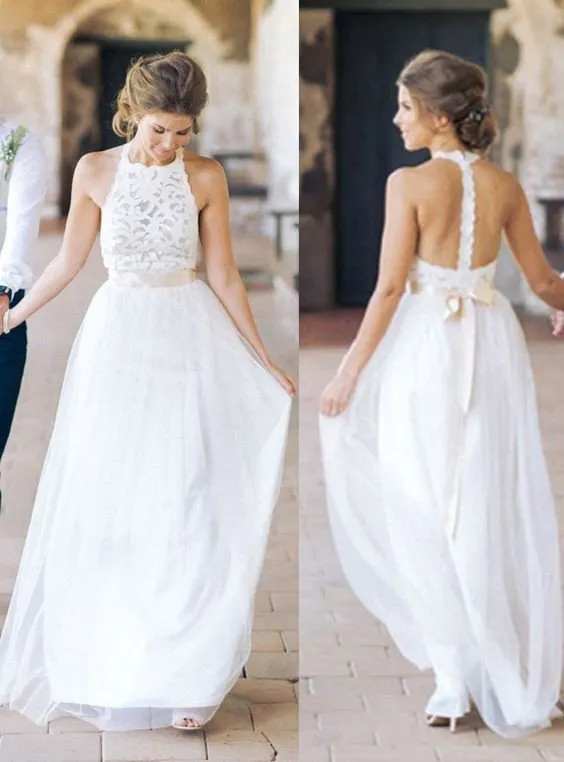 Halter A-line Lace Bride Dress Summer Appliques With Sash Tulle Prom Wedding Dresses