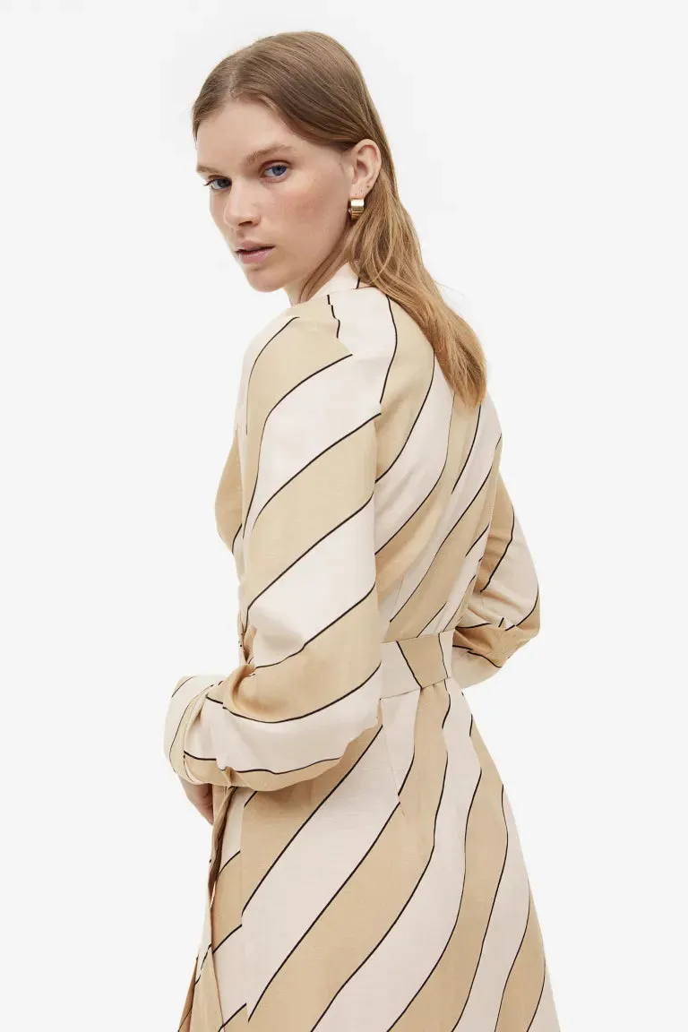 H&M Linen Blend Wrap Dress, Beige/Diagonal Stripes