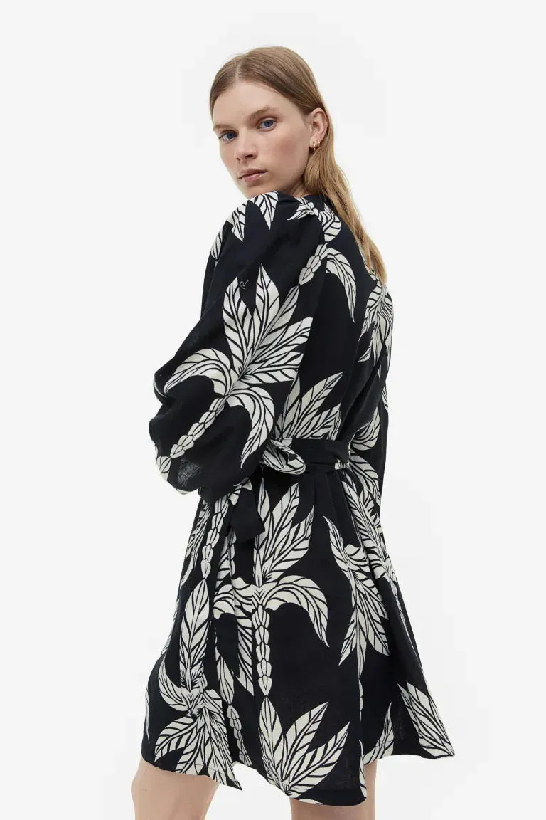H&M Linen Blend Wrap Dress, Black/Palms