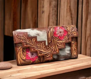 Hand Tooled Genuine Leather Cowhide Wallet for Women  Western Floral Clutch Purse with Tooled Details and Secure Lock