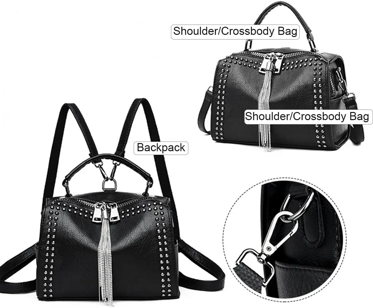 Handbag for Women Convertible Tassels Backpack PU Leather Shoulder Bag Rivets Purse Multifunctional Top-Handle Satchel