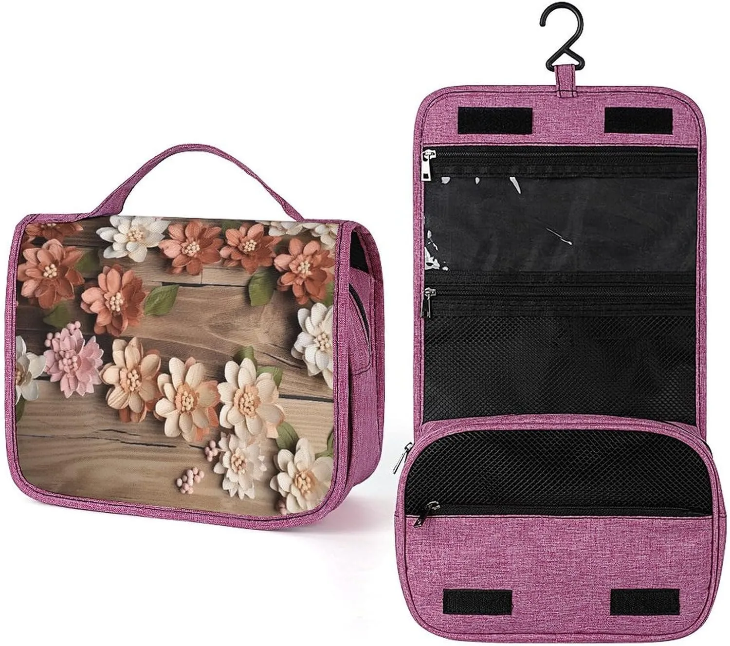 Hanging Travel Toiletry Bag for Women Rustic Wood Flowers Printed Travel Cosmetics And Toiletries Organizer Kit Waterproof Bathroom Shower Bag