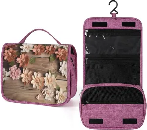 Hanging Travel Toiletry Bag for Women Rustic Wood Flowers Printed Travel Cosmetics And Toiletries Organizer Kit Waterproof Bathroom Shower Bag