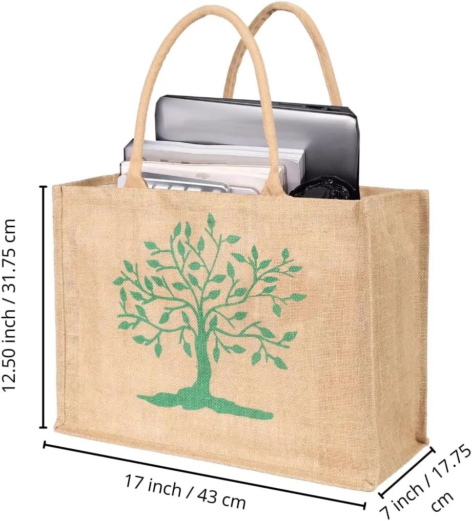 Heavy Duty Reusable Jute Burlap Tote Bags 17x12.50x7 inches for Shopping Grocery Wedding Welcome Gifts Beach & More