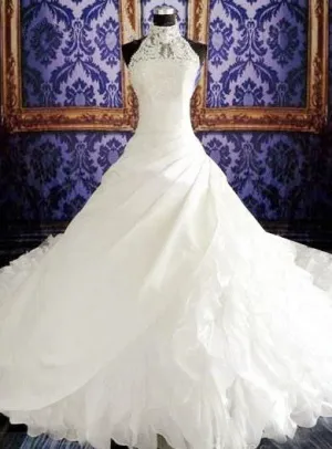 High Neck White Sheath Halter Organza Wedding Dresses Court Train Fitted Unique Plus Size Bridal Gowns with Beadings