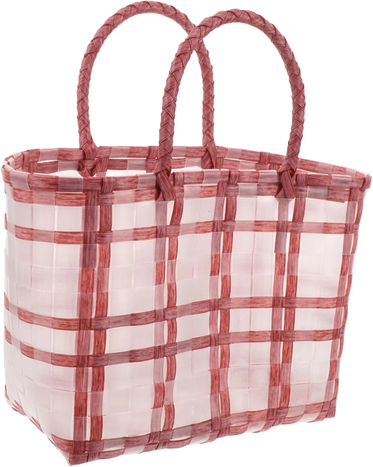 Homoyoyo Woven Beach Bag Durable Transparent Grocery Tote Bag for Women Reusable Handheld Plastic Shopping Basket for Casual Use and Flower Girl Events
