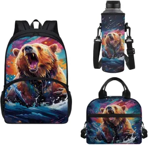 Horeset Brown Bear Print Backpack for Boys Girls School Bag with Picnic Lunch Bag Water Bottle Holder Bag, Breathable College Students Shoulder Bags with Adjustable Shoulder