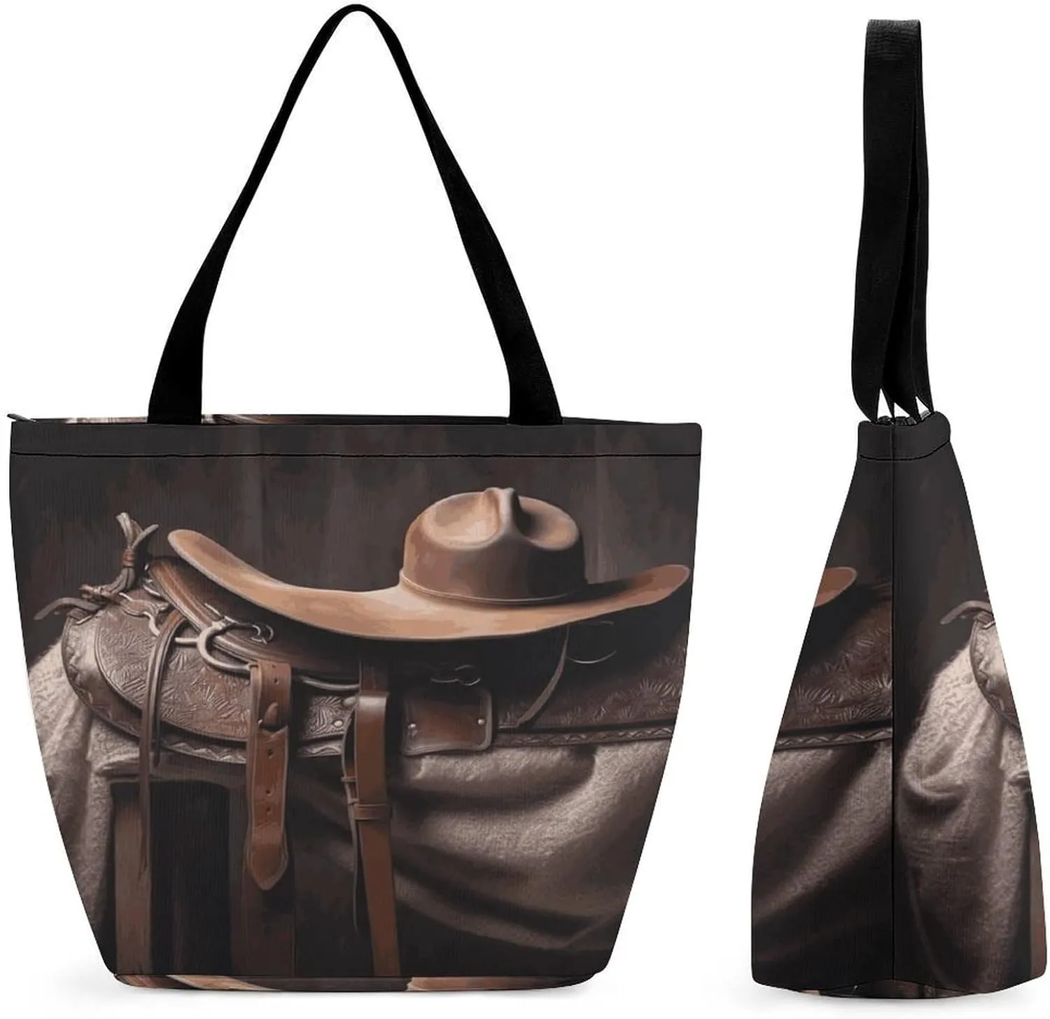 Horse Saddle with A Cowboy Hat Tote Bags Reusable Grocery Bags Shopping Zippered Tote for Office Graduation Travel