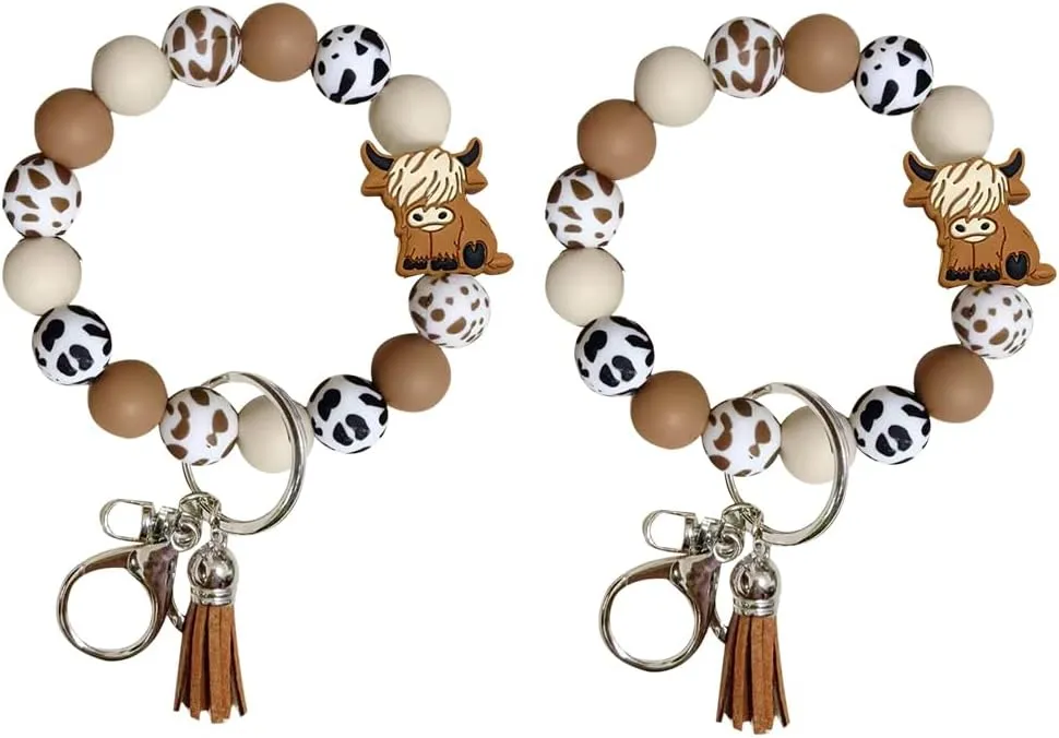 iMagitek 2 Pack Highland Cow Silicone Wristlet Keychain Highland Cow Elastic Bracelet Keychain Keyring Gift for Girls Women (Brown)