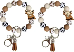 iMagitek 2 Pack Highland Cow Silicone Wristlet Keychain Highland Cow Elastic Bracelet Keychain Keyring Gift for Girls Women (Brown)