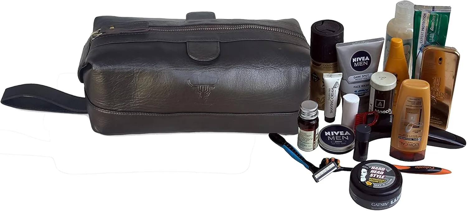 jaald Men's Genuine Leather Toiletry Bag Waterproof Dopp Kit Shaving Bags Grooming for Travel Groomsmen Gift Men Women Hanging Zippered Makeup Bathroom Cosmetic Pouch Case Make Up kit