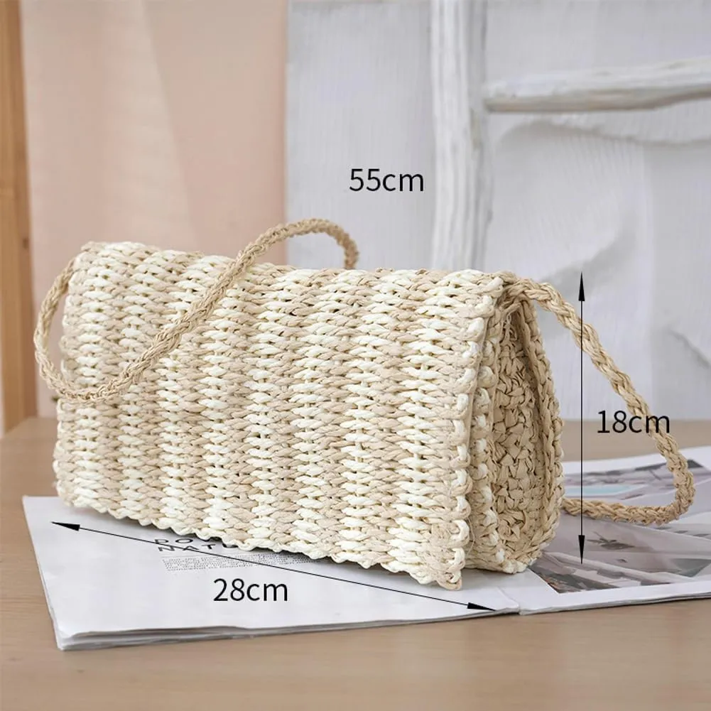 Knitted Hand-Crocheted Purse for Women Beach Clutches Bags with Magnetic Button Straw Cross Body Bags for Traveling