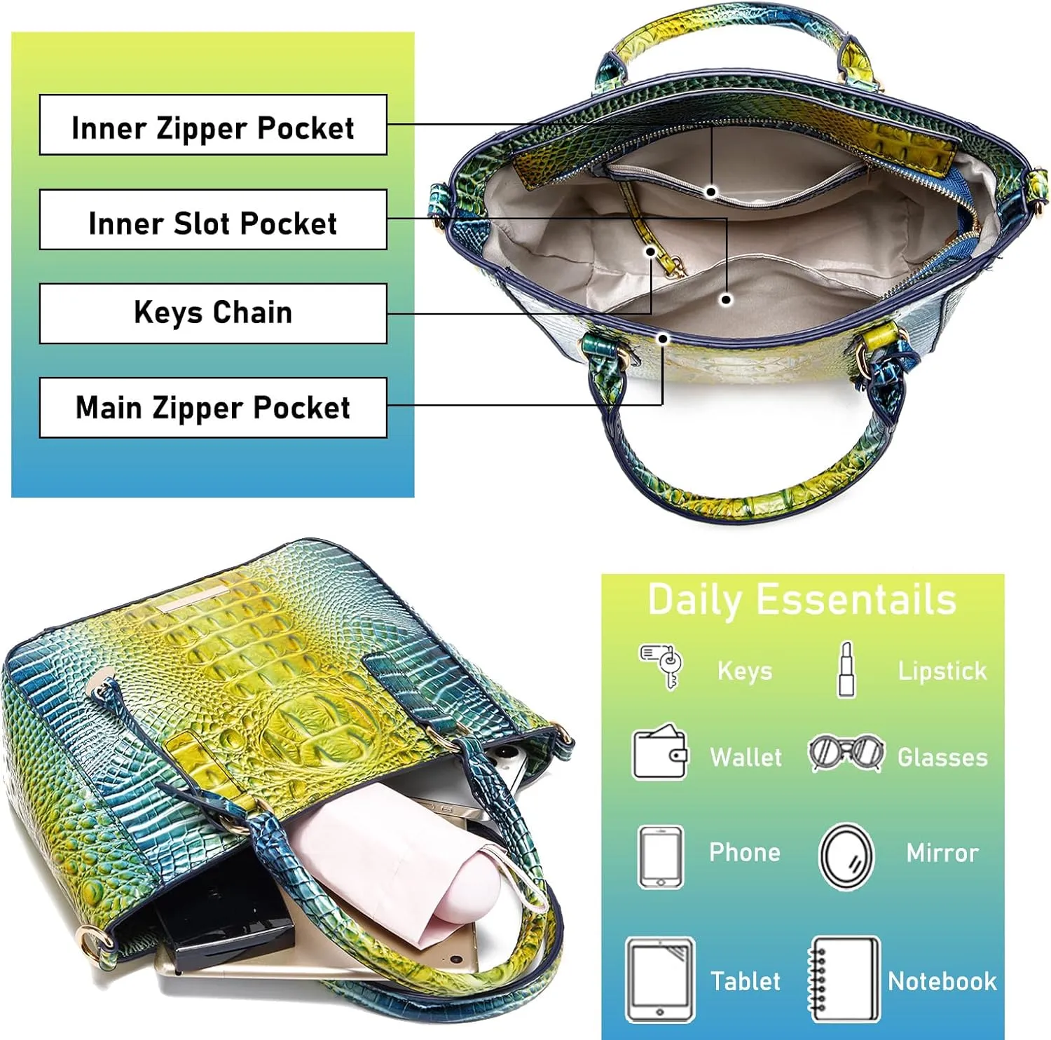 Ladies Tote Leather Bags for Women Crocodile Embossed Zipper Satchel Purse Elegant Compartments Crossbody Work