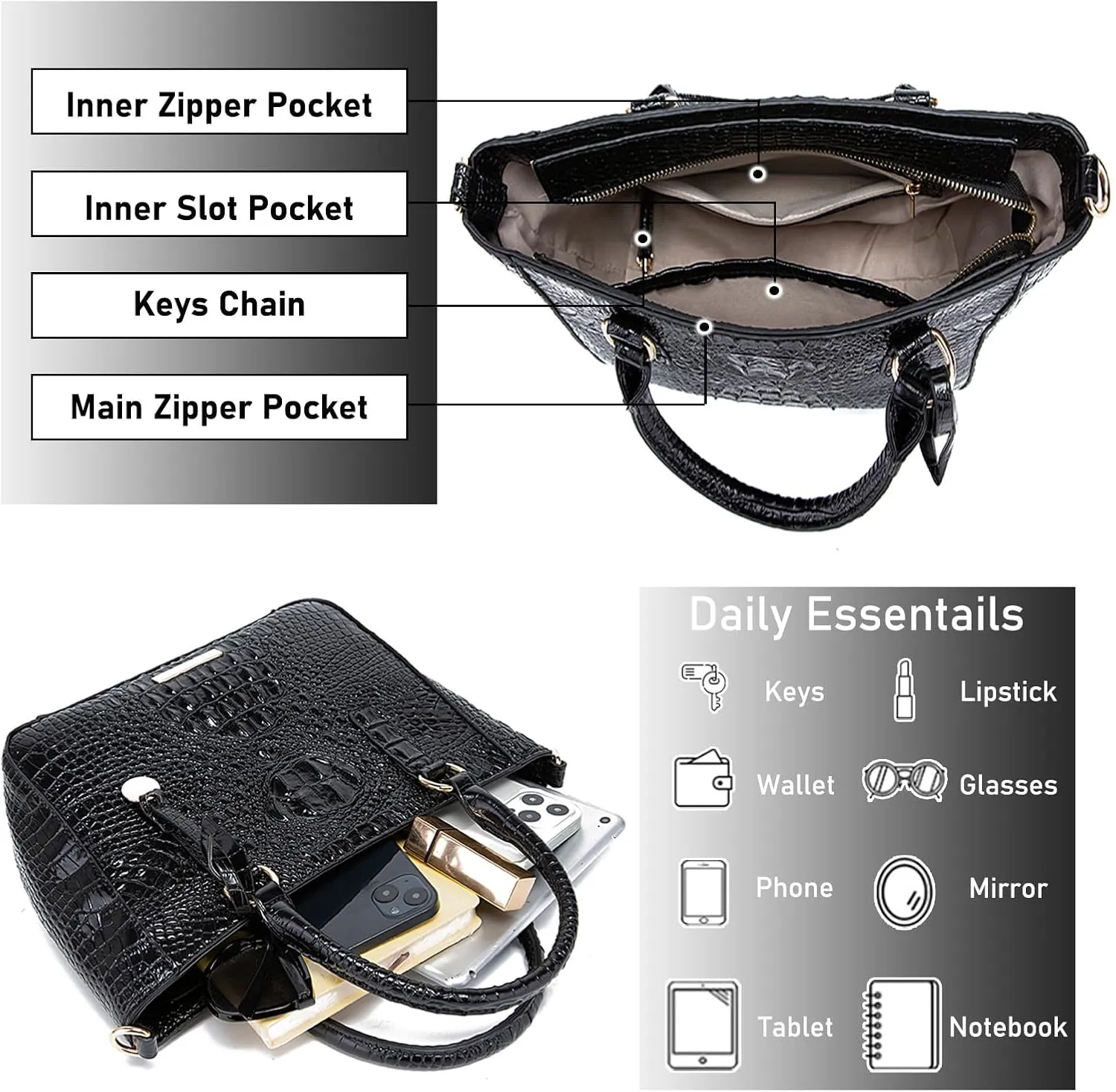 Ladies Tote Leather Bags for Women Crocodile Embossed Zipper Satchel Purse Elegant Compartments Crossbody Work