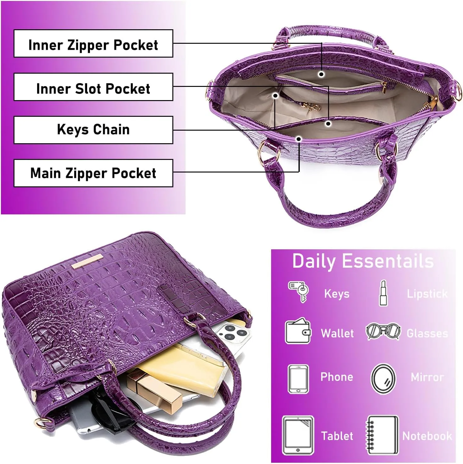Ladies Tote Leather Bags for Women Crocodile Embossed Zipper Satchel Purse Elegant Compartments Crossbody Work