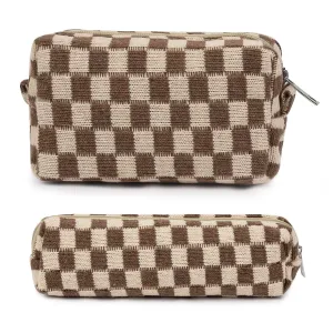 Large Capacity Makeup Bag and Brush Storage Bag - Checkered Cosmetic Bag and Travel Toiletry Organizer