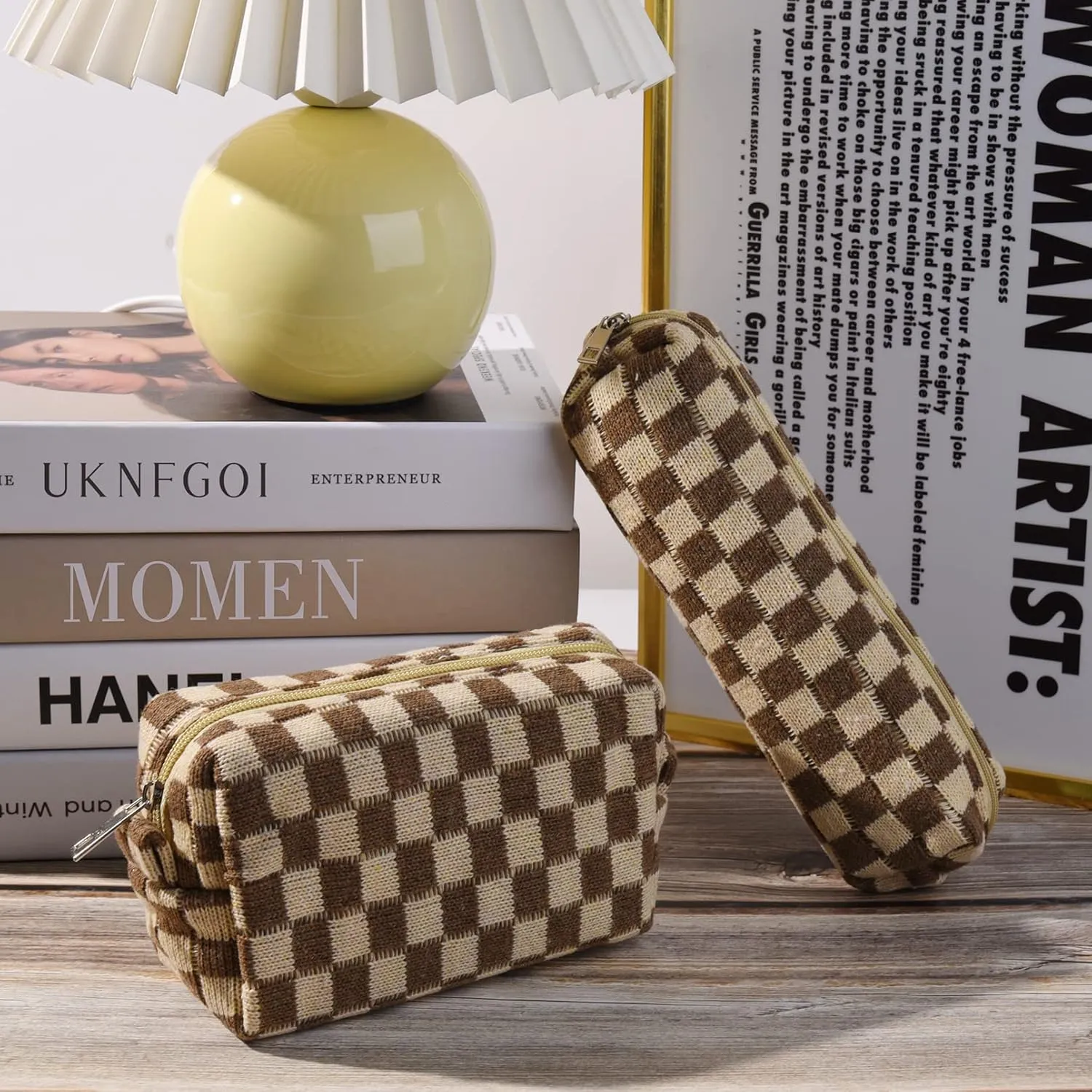 Large Capacity Makeup Bag and Brush Storage Bag - Checkered Cosmetic Bag and Travel Toiletry Organizer