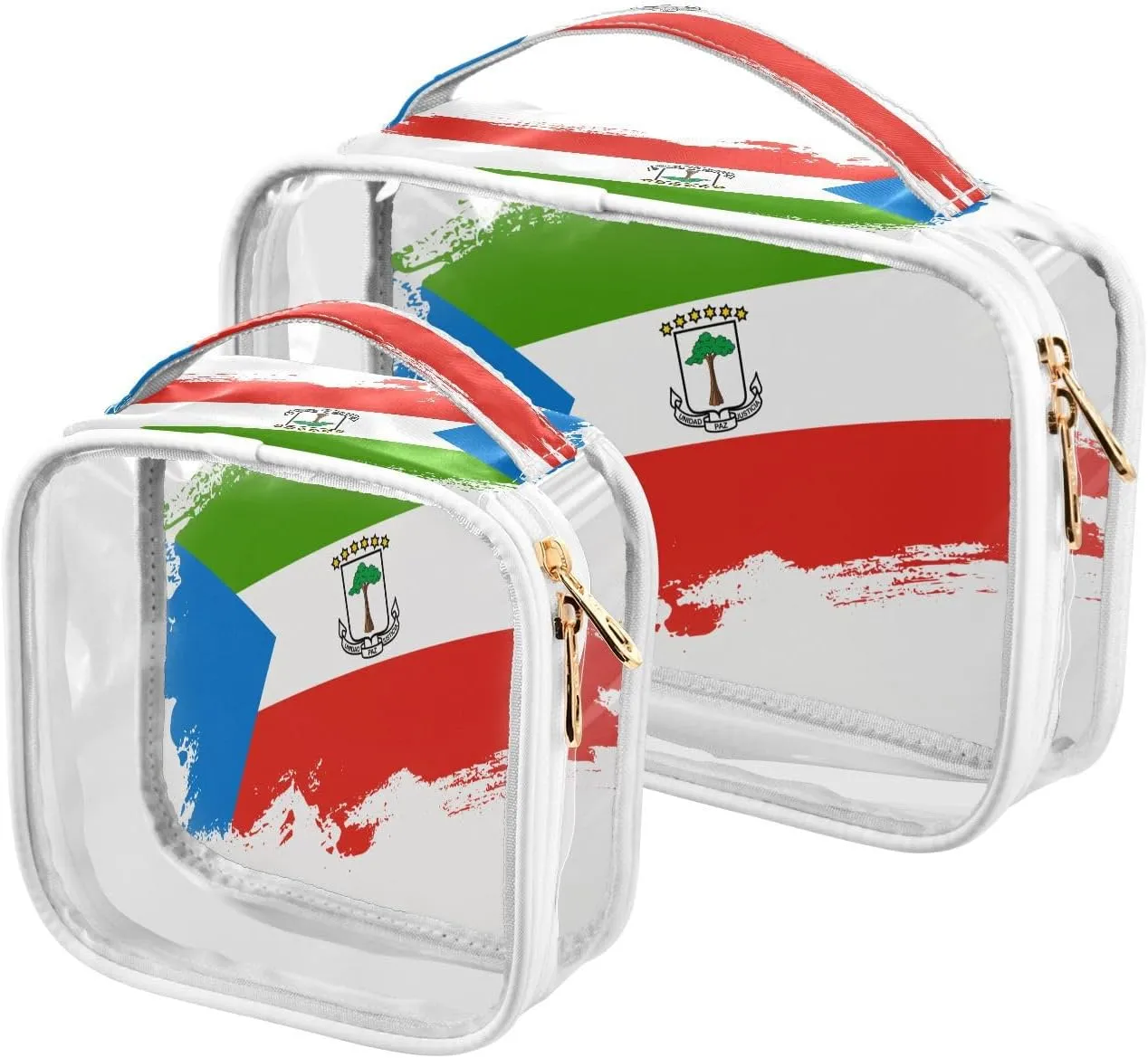 Large Clear Travel Toiletry Bag with Zippers, PVC Waterproof Travel Organizer, Equatorial Guinea Flag Brush Stroke Plastic Tote Bags, 2 pcs
