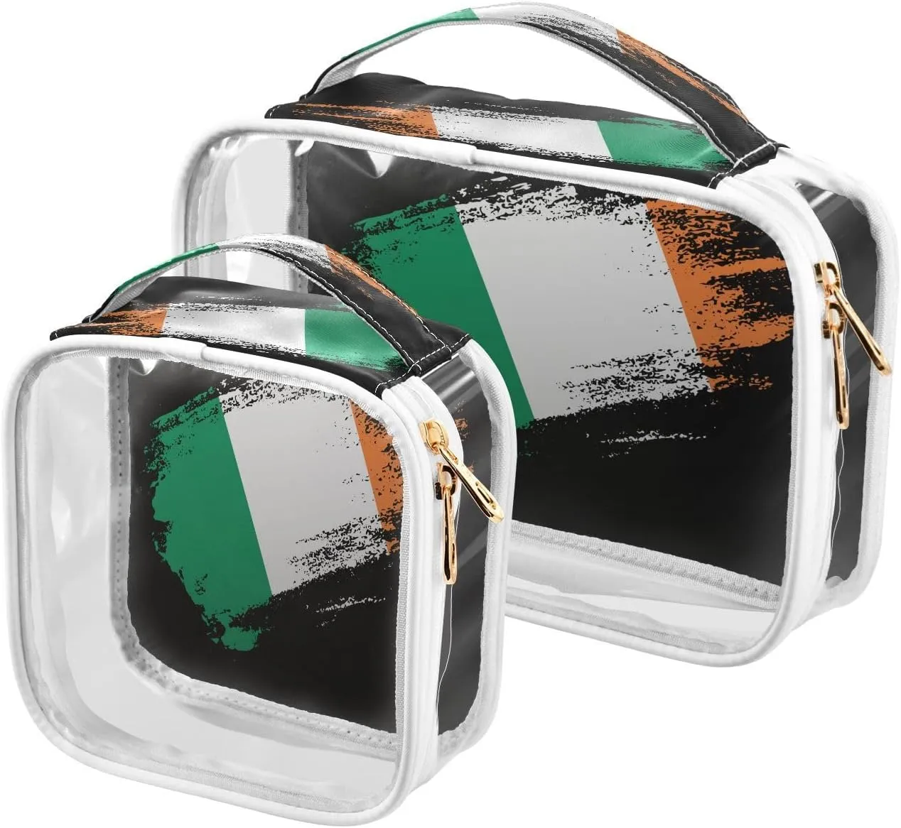 Large Clear Travel Toiletry Bag with Zippers, PVC Waterproof Travel Organizer, Ireland Flag Patriotic Plastic Tote Bags, 2 pcs