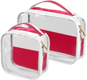 Large Clear Travel Toiletry Bag with Zippers, PVC Waterproof Travel Organizer, Poland Flag Flying Birds Plastic Tote Bags, 2 pcs