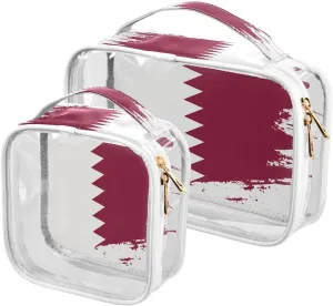 Large Clear Travel Toiletry Bag with Zippers, PVC Waterproof Travel Organizer, Qatar Flag Hand Drawn Plastic Tote Bags, 2 pcs