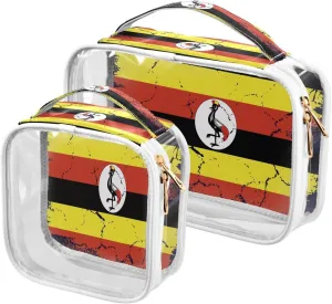 Large Clear Travel Toiletry Bag with Zippers, PVC Waterproof Travel Organizer, Uganda Flag Grunge Design Plastic Tote Bags, 2 pcs