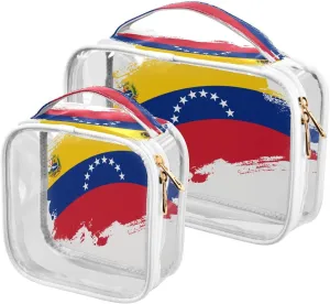 Large Clear Travel Toiletry Bag with Zippers, PVC Waterproof Travel Organizer, Venezuela Flag Brush Stroke Plastic Tote Bags, 2 pcs