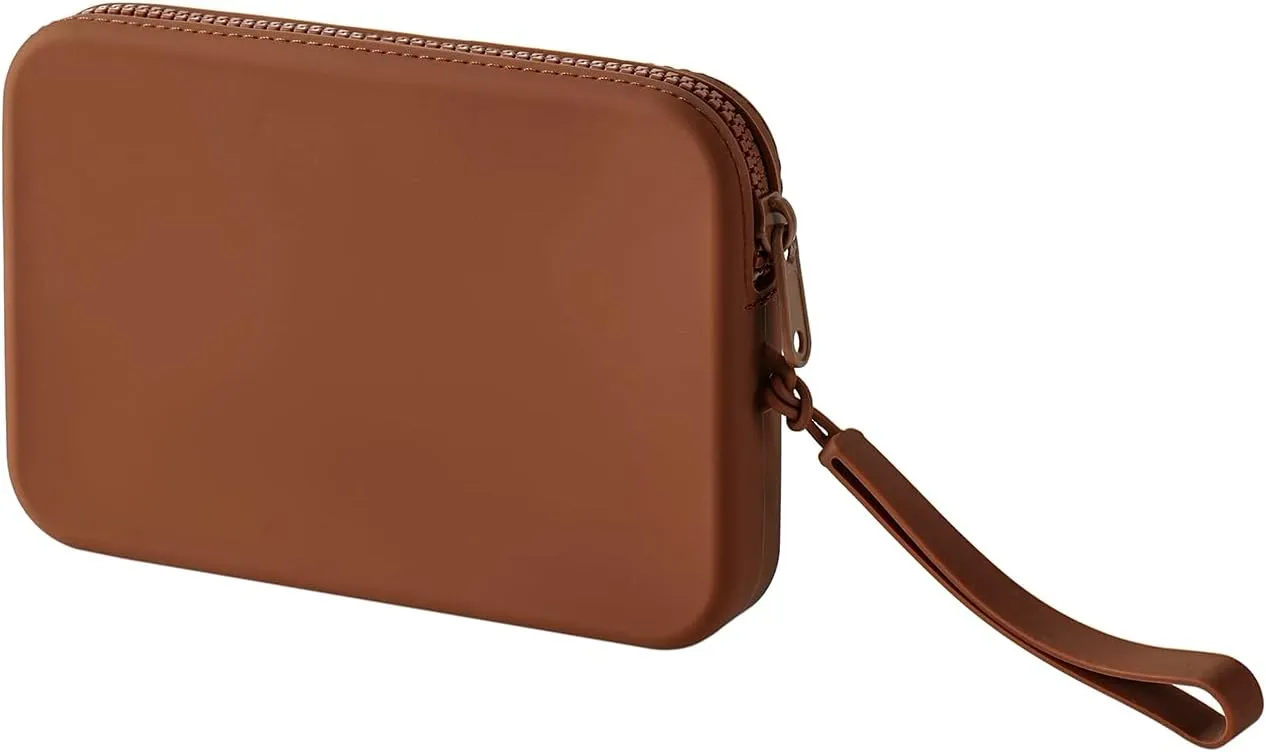 Large Silicone Multifunctional Essential Bag Portable Travel Makeup Bag for Women Men Cards Cash Zipper Pouch (Brown)