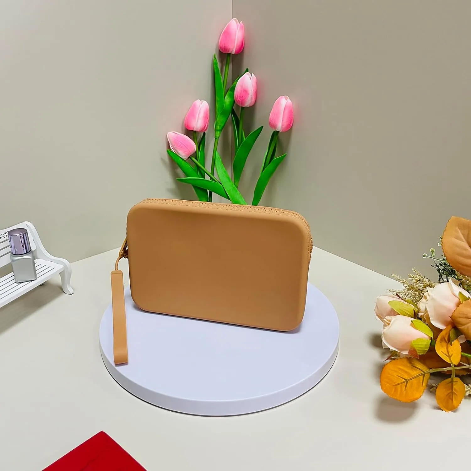 Large Silicone Multifunctional Essential Bag Portable Travel Makeup Bag for Women Men Cards Cash Zipper Pouch (Khaki)