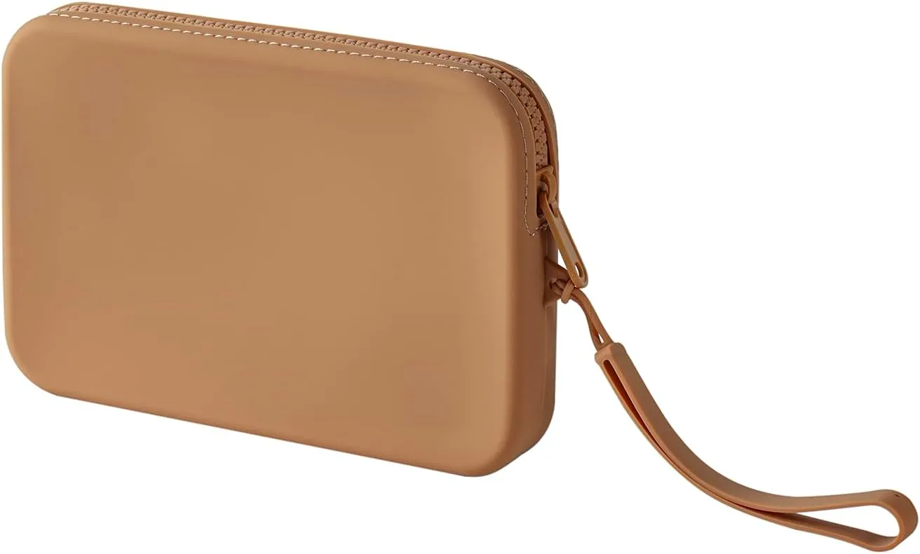 Large Silicone Multifunctional Essential Bag Portable Travel Makeup Bag for Women Men Cards Cash Zipper Pouch (Khaki)