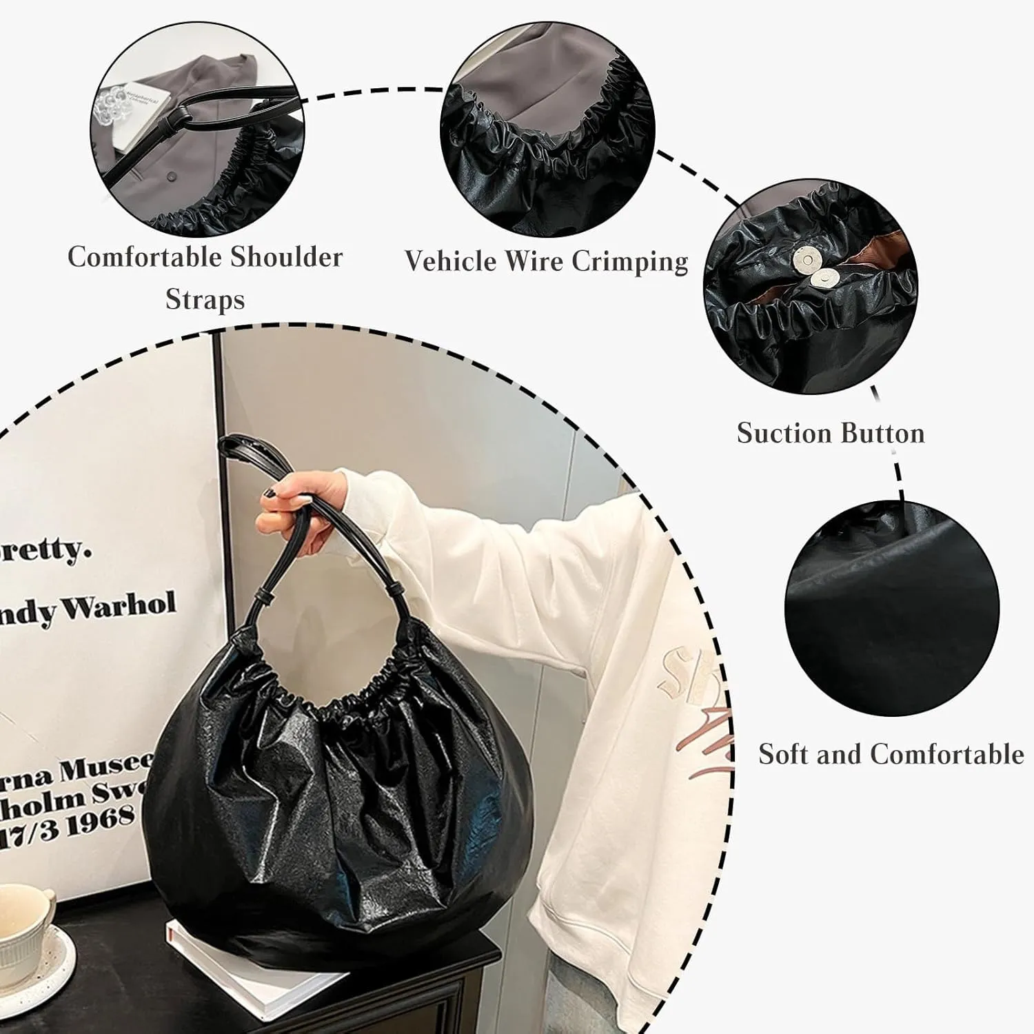 Large Tote Retro Hobo Elegant Underarm for Shopping Pleated Handbag for Women PU Leather Shoulder Soft Top Handle