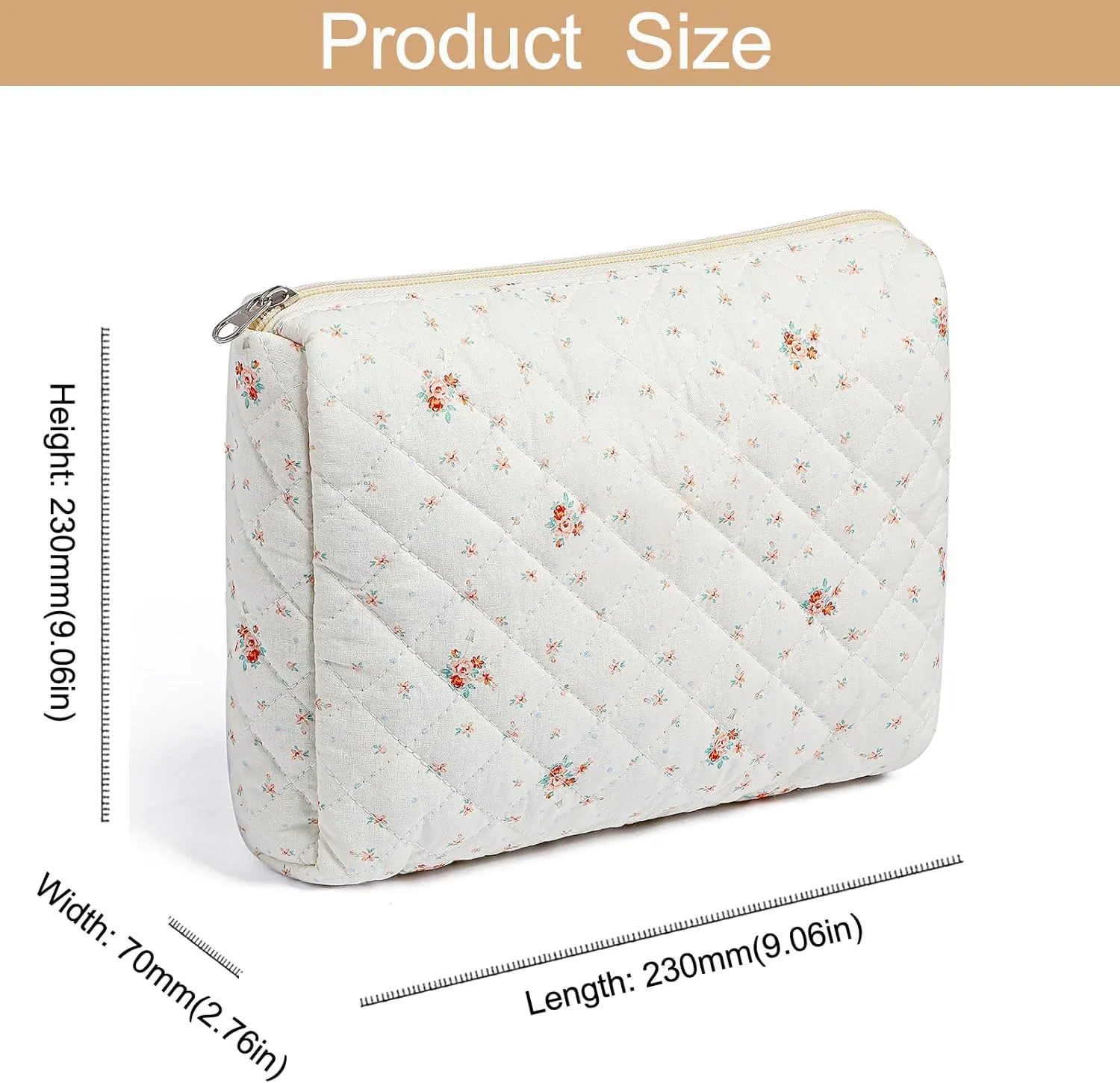 Large Travel Makeup Bag Cosmetic Bag for Women Girls, Cute Large Floral Cotton Cosmetic Bag, Zipper Toiletry Bag Makeup Brushes Accessories Organizer Storage Bag (White Small Flower)
