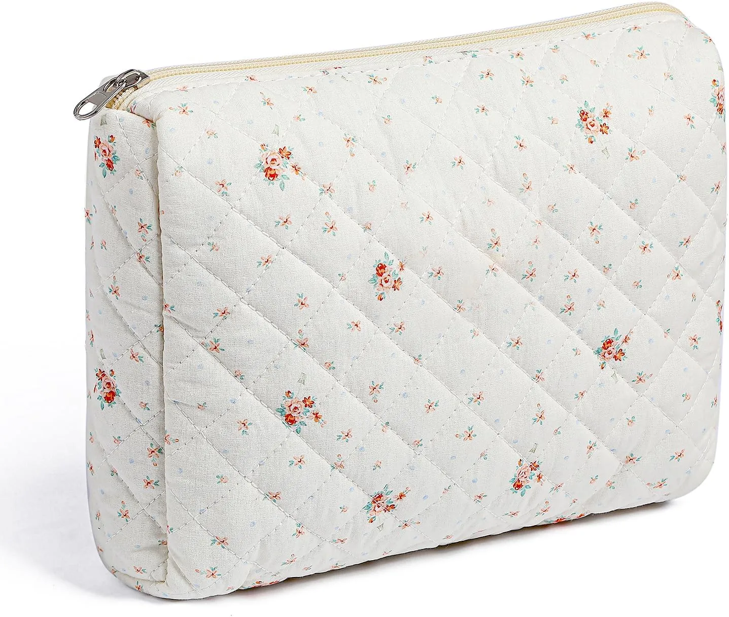 Large Travel Makeup Bag Cosmetic Bag for Women Girls, Cute Large Floral Cotton Cosmetic Bag, Zipper Toiletry Bag Makeup Brushes Accessories Organizer Storage Bag (White Small Flower)