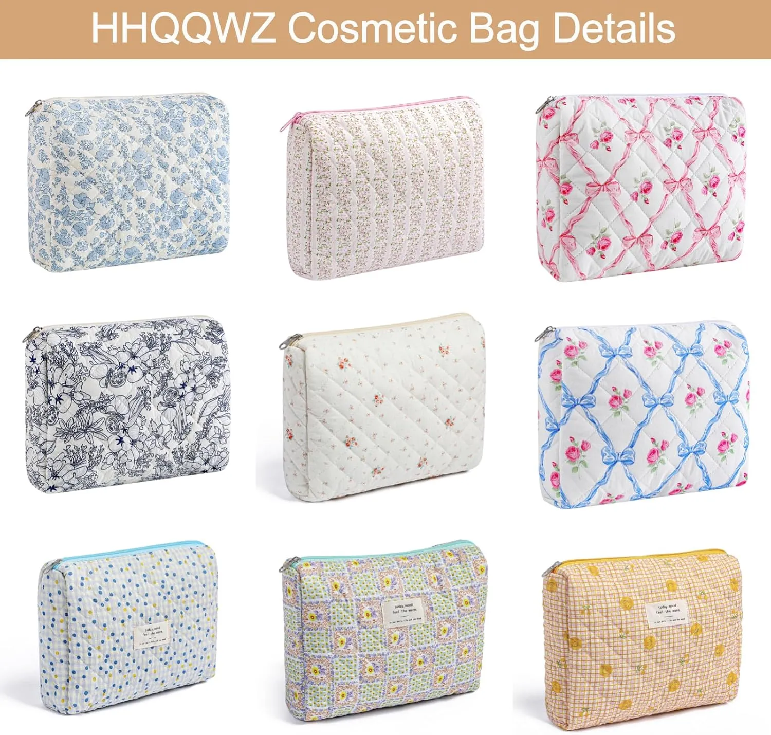 Large Travel Makeup Bag Cosmetic Bag for Women Girls, Cute Large Floral Cotton Cosmetic Bag, Zipper Toiletry Bag Makeup Brushes Accessories Organizer Storage Bag (White Small Flower)