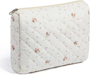 Large Travel Makeup Bag Cosmetic Bag for Women Girls, Cute Large Floral Cotton Cosmetic Bag, Zipper Toiletry Bag Makeup Brushes Accessories Organizer Storage Bag (White Small Flower)
