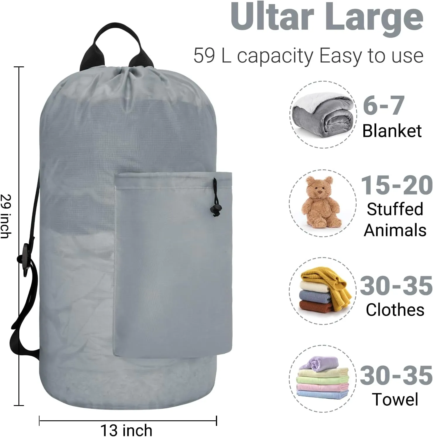 Laundry Bag with Shoulder Straps and Detergent Holder, Durable Laundry Bag Backpack for College Dorm/Travel/Camp (GRAY)