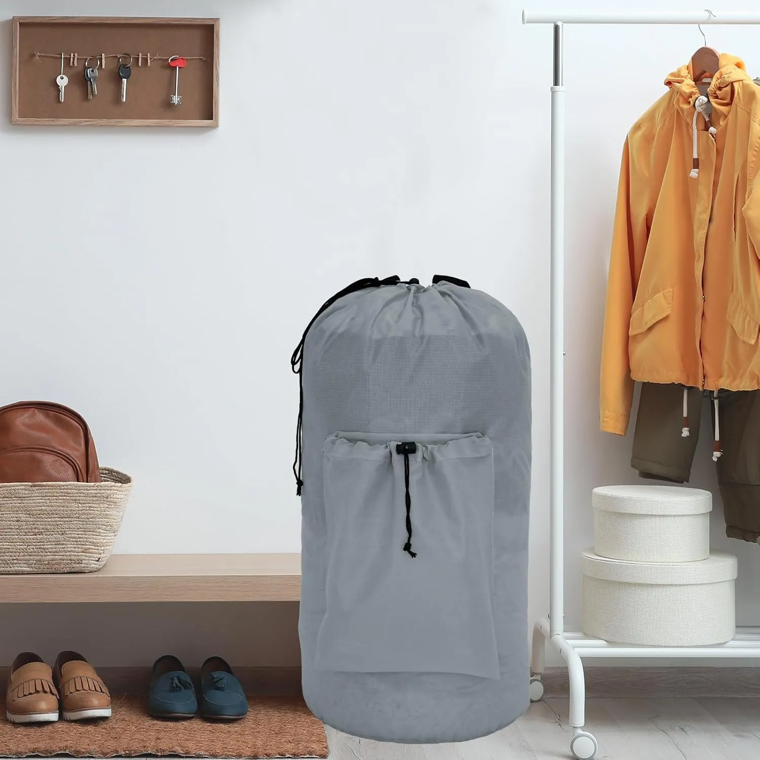 Laundry Bag with Shoulder Straps and Detergent Holder, Durable Laundry Bag Backpack for College Dorm/Travel/Camp (GRAY)