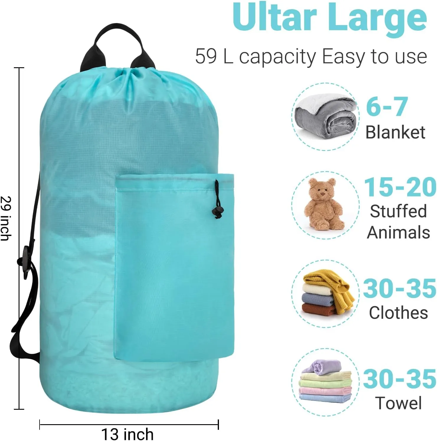 Laundry Bag with Shoulder Straps and Detergent Holder, Durable Laundry Bag Backpack for College Dorm/Travel/Camp (LIGHT BLUE)